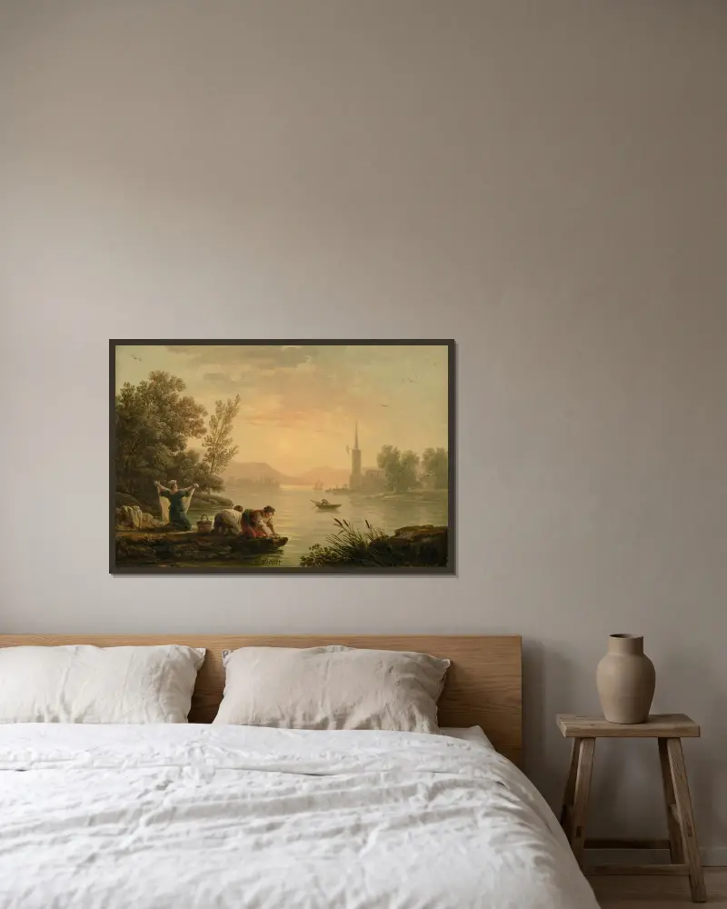 Tvätterskor vid en sjö av Claude-Joseph Vernet inramad på en vägg
