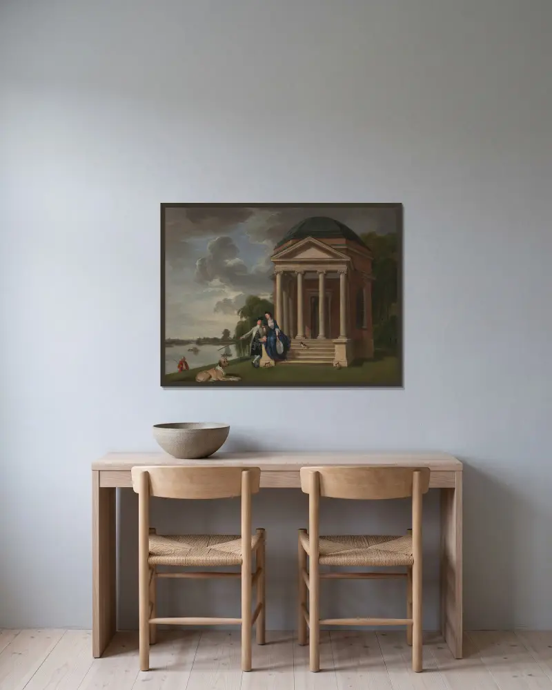 David Garrick och hans fru vid hans Shakespeare-tempel, Hampton av Johan Joseph Zoffany inramad på en vägg