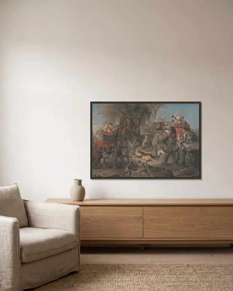 Tigerjakt i Ostindien av Johan Joseph Zoffany inramad på en vägg