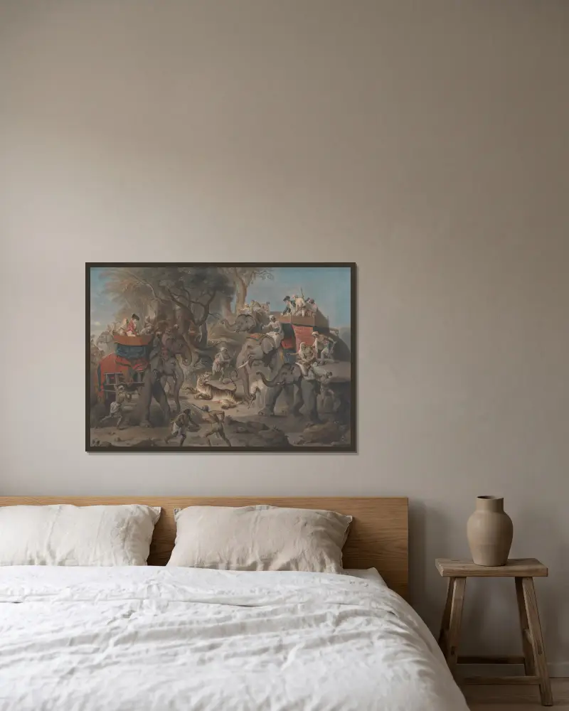 Tigerjakt i Ostindien av Johan Joseph Zoffany inramad på en vägg