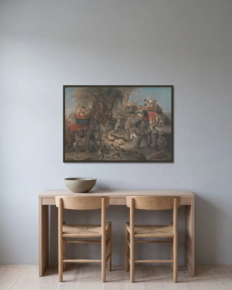 Tigerjakt i Ostindien av Johan Joseph Zoffany inramad på en vägg