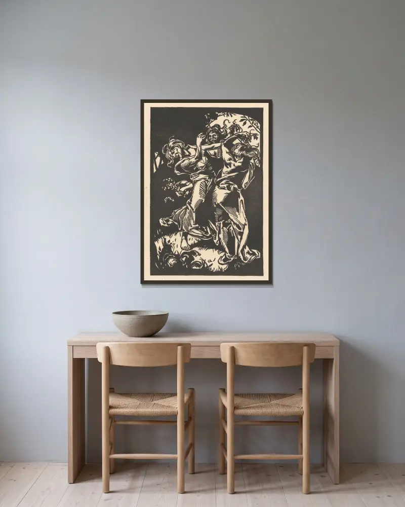 Dansande kvinnor med druvklasar och satyr av Johannes Josephus Aarts inramad på en vägg
