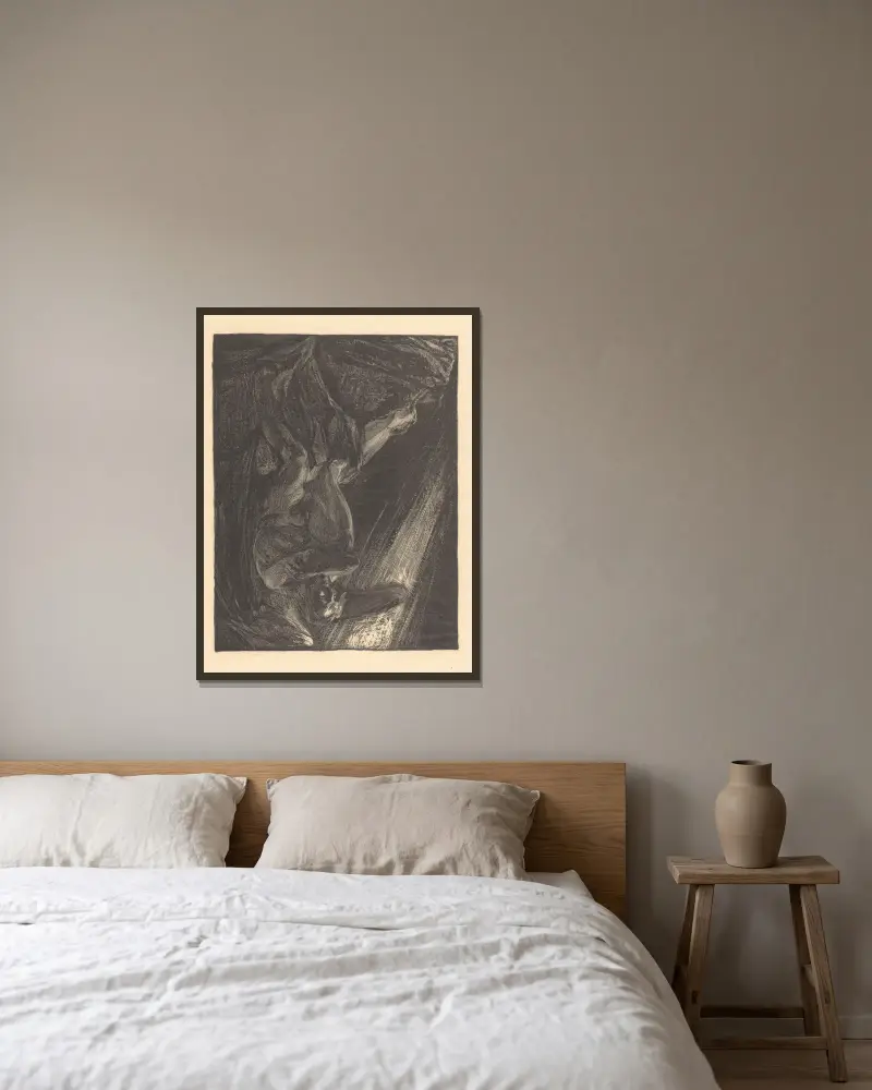Gefallener Engel auf einem Felsen sitzend von Johannes Josephus Aarts gerahmt an einer Wand