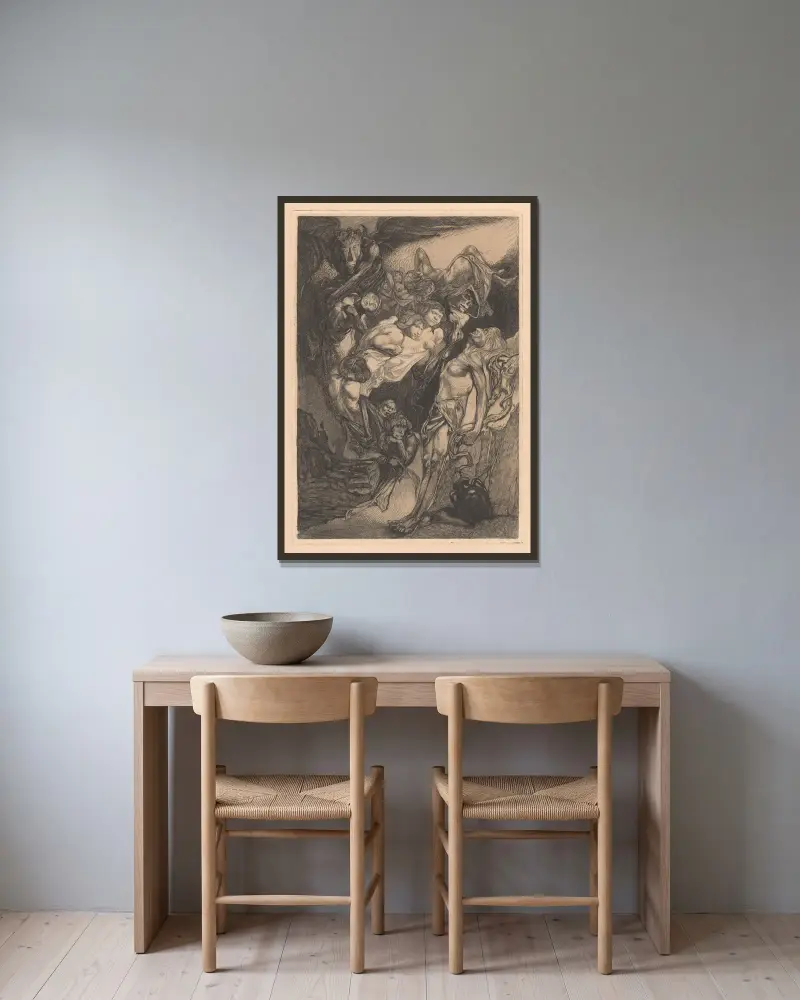 Halvnaken man med monster och fantasivarelser av Johannes Josephus Aarts inramad på en vägg
