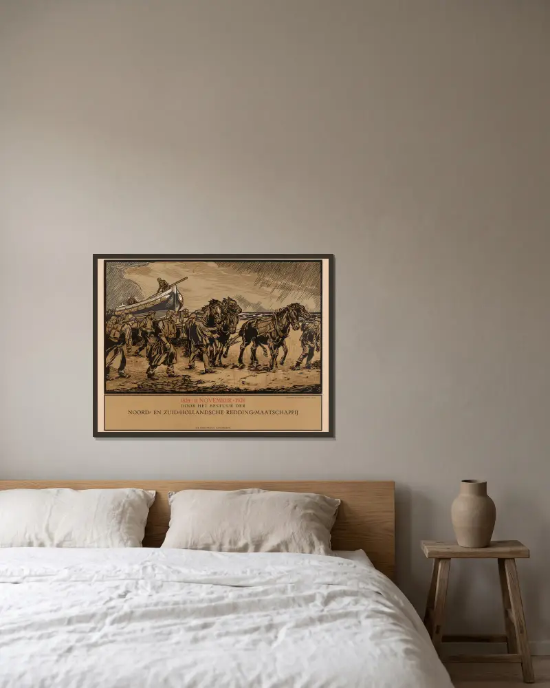Gedenkblatt der Noord- en Zuid-Hollandsche Redding-Maatschappij von Johannes Josephus Aarts gerahmt an einer Wand