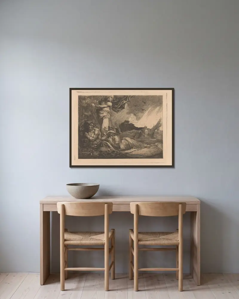 Landskap med sädesfält, skördemän, satyr och kvinnofigurer av Johannes Josephus Aarts inramad på en vägg