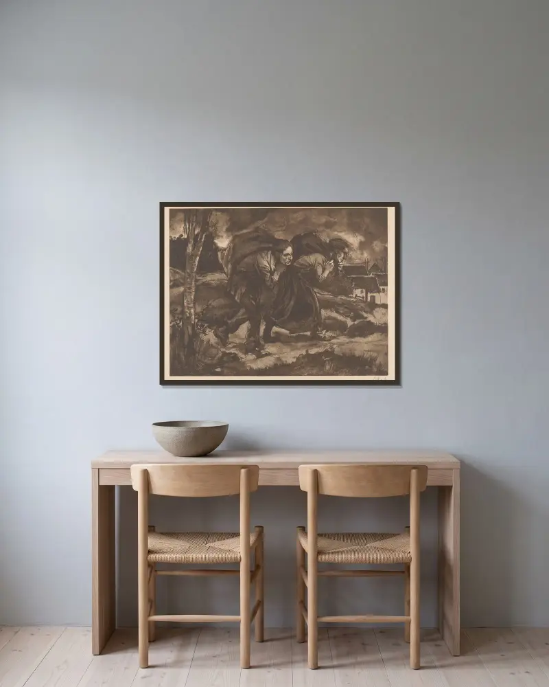 Man och kvinna med säck på ryggen av Johannes Josephus Aarts inramad på en vägg