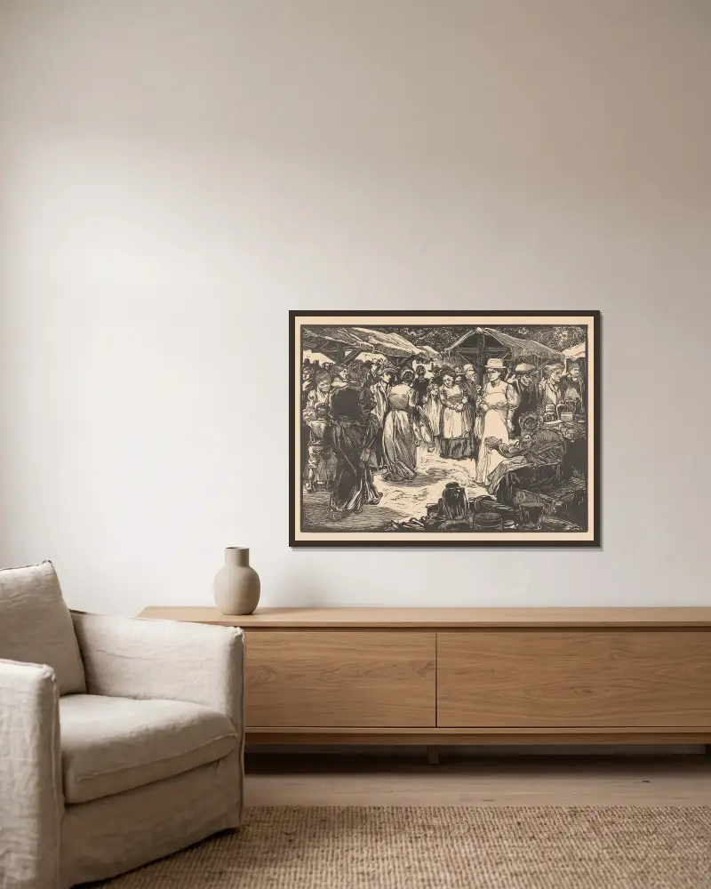 Marktszene mit Männern und Frauen, Nr. 1 von Johannes Josephus Aarts gerahmt an einer Wand