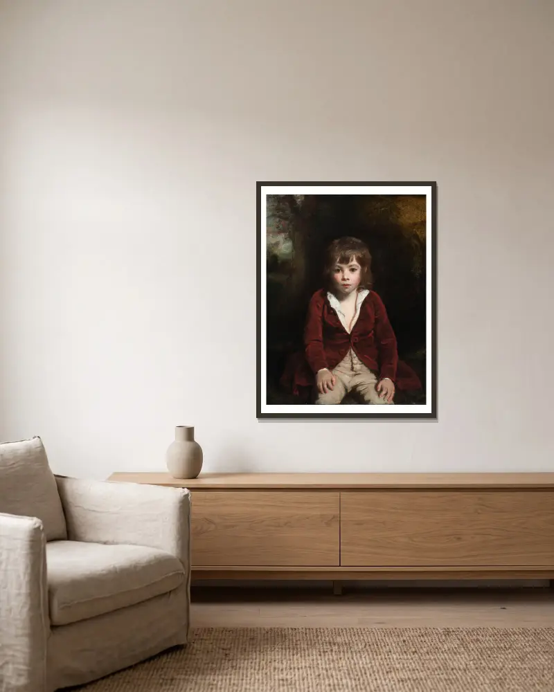 Porträt des Master Bunbury von Sir Joshua Reynolds gerahmt an einer Wand