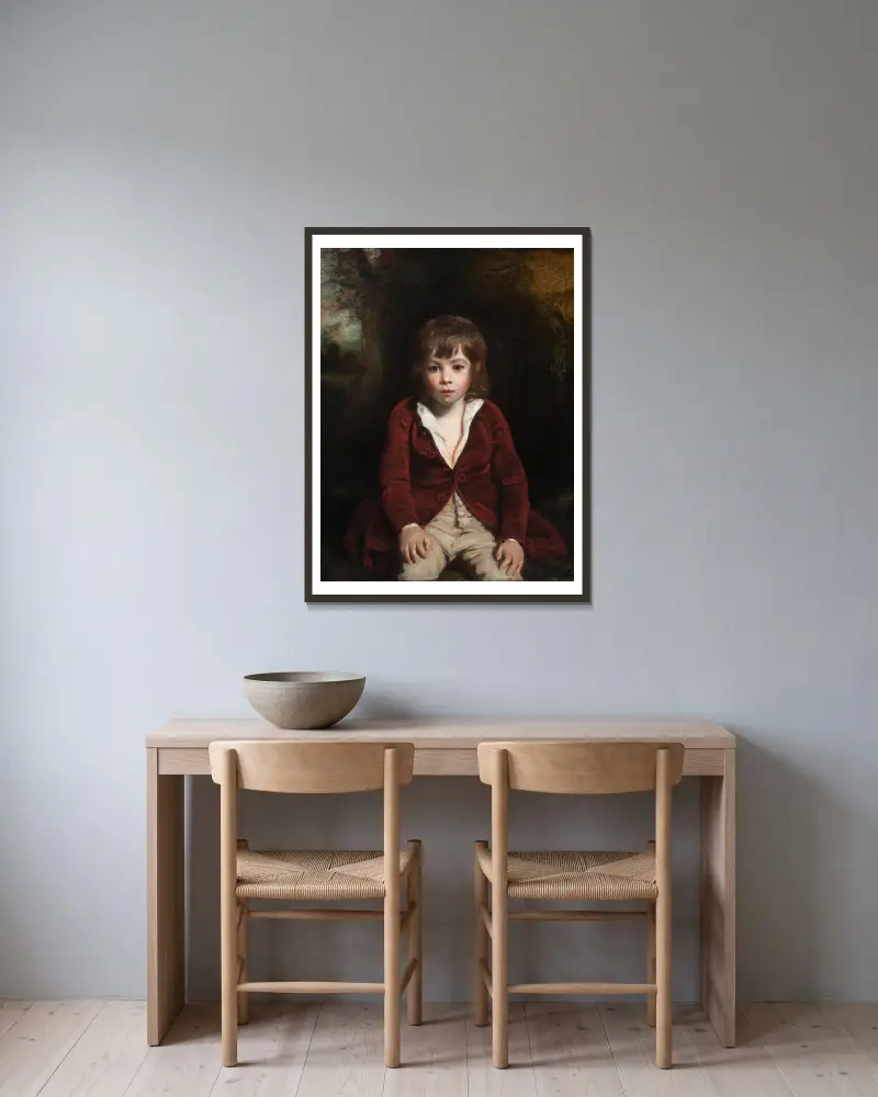 Porträt des Master Bunbury von Sir Joshua Reynolds gerahmt an einer Wand
