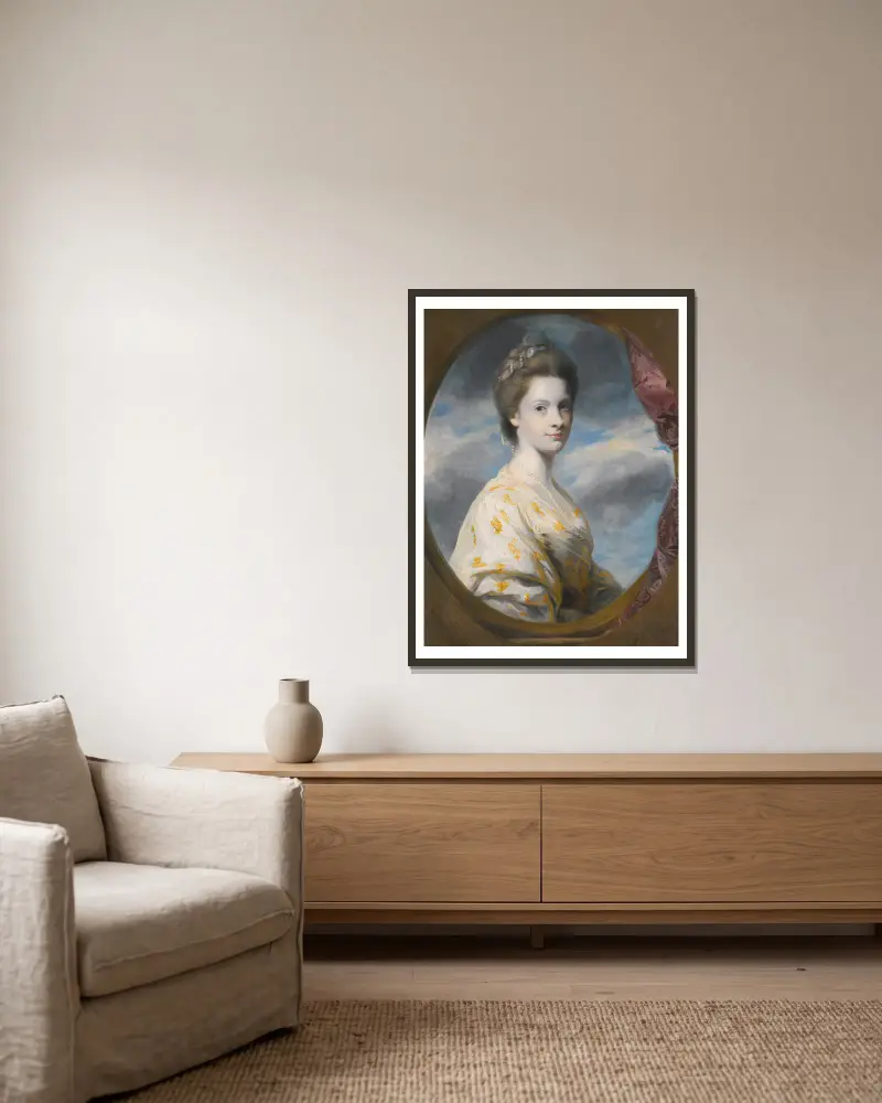 Porträtt av Sophia, Mrs Edward Southwell, senare Lady De Clifford av Sir Joshua Reynolds inramad på en vägg