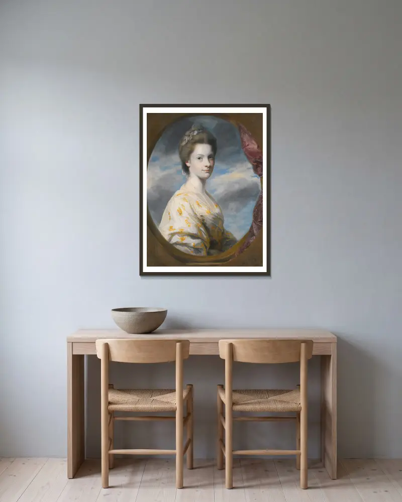 Porträtt av Sophia, Mrs Edward Southwell, senare Lady De Clifford av Sir Joshua Reynolds inramad på en vägg