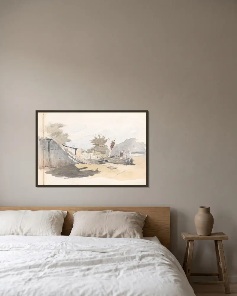 Rural buildings av Jozef Brandt inramad på en vägg