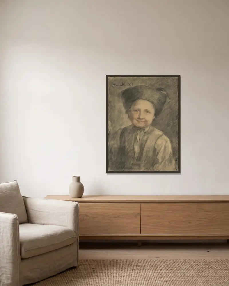 Studie eines Bauernjungen von Jozef Hanula gerahmt an einer Wand