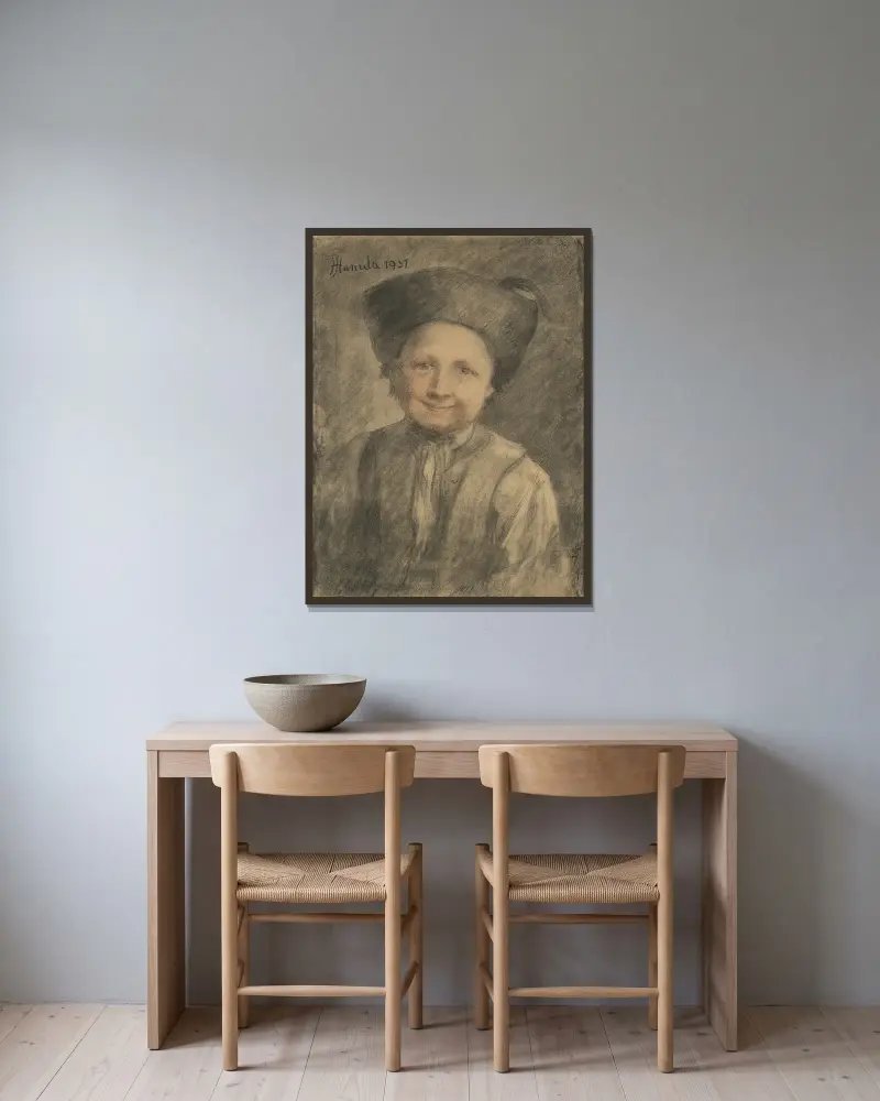 Studie eines Bauernjungen von Jozef Hanula gerahmt an einer Wand