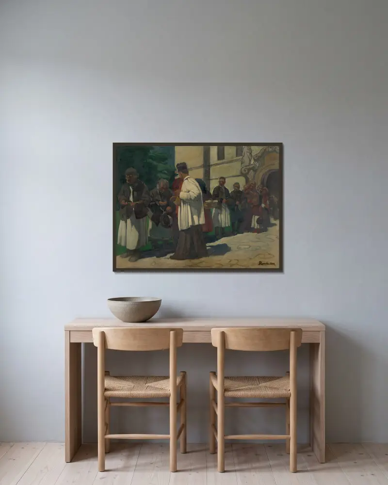 Alms av Jozef Hanula inramad på en vägg