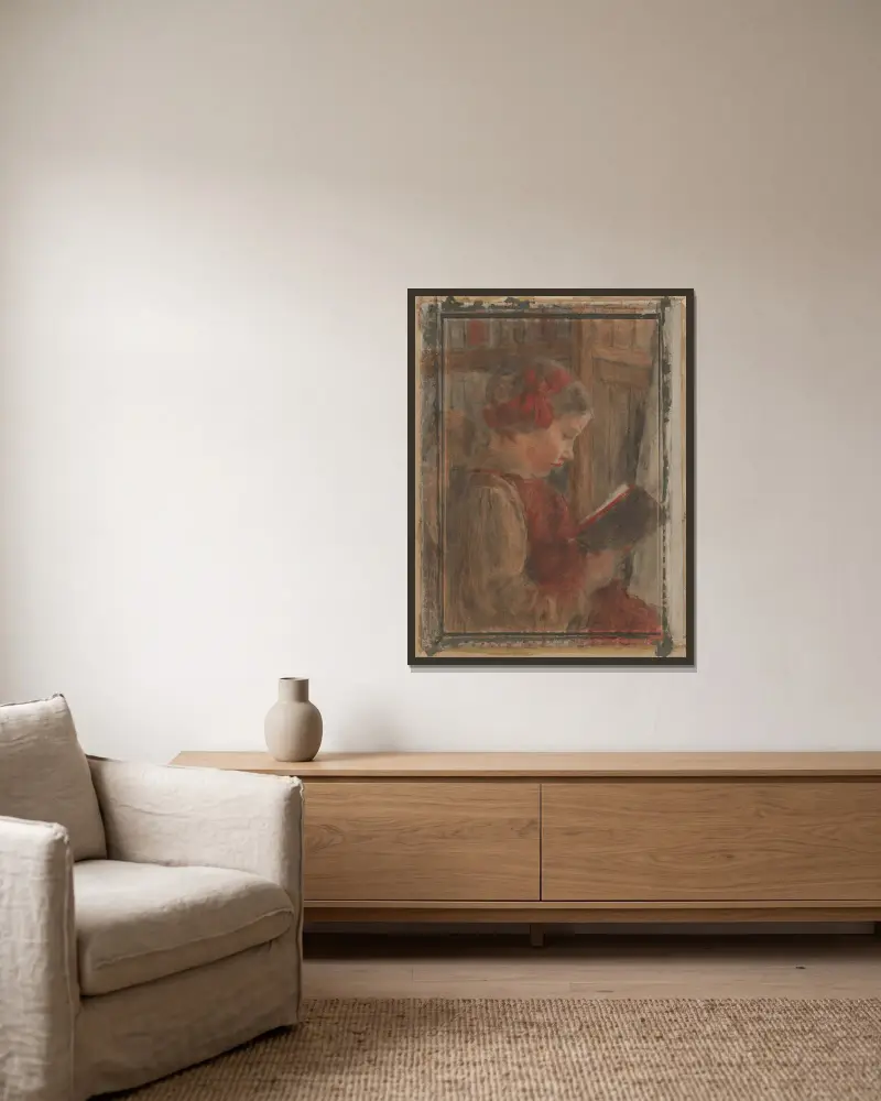 Mädchen mit Buch von Jozef Hanula gerahmt an einer Wand
