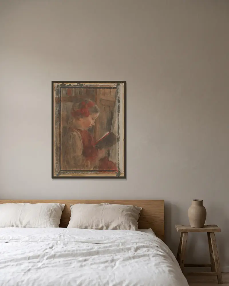 Mädchen mit Buch von Jozef Hanula gerahmt an einer Wand