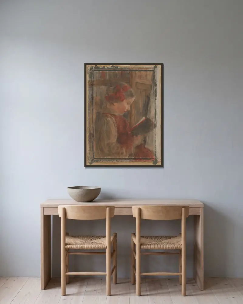 Mädchen mit Buch von Jozef Hanula gerahmt an einer Wand