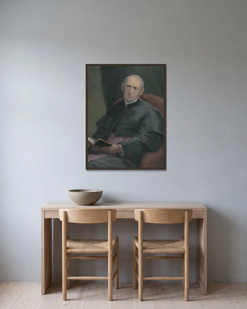 Porträtt av fader Zeman av Jozef Hanula inramad på en vägg