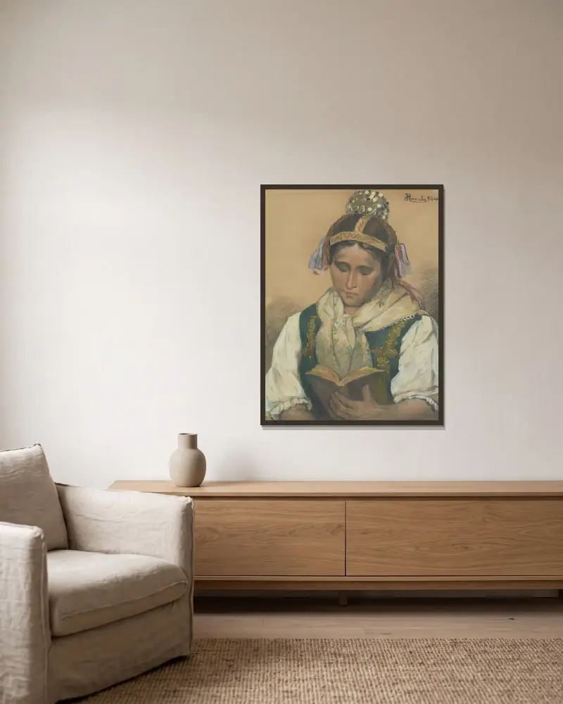 Lesen in traditioneller Tracht von Jozef Hanula gerahmt an einer Wand