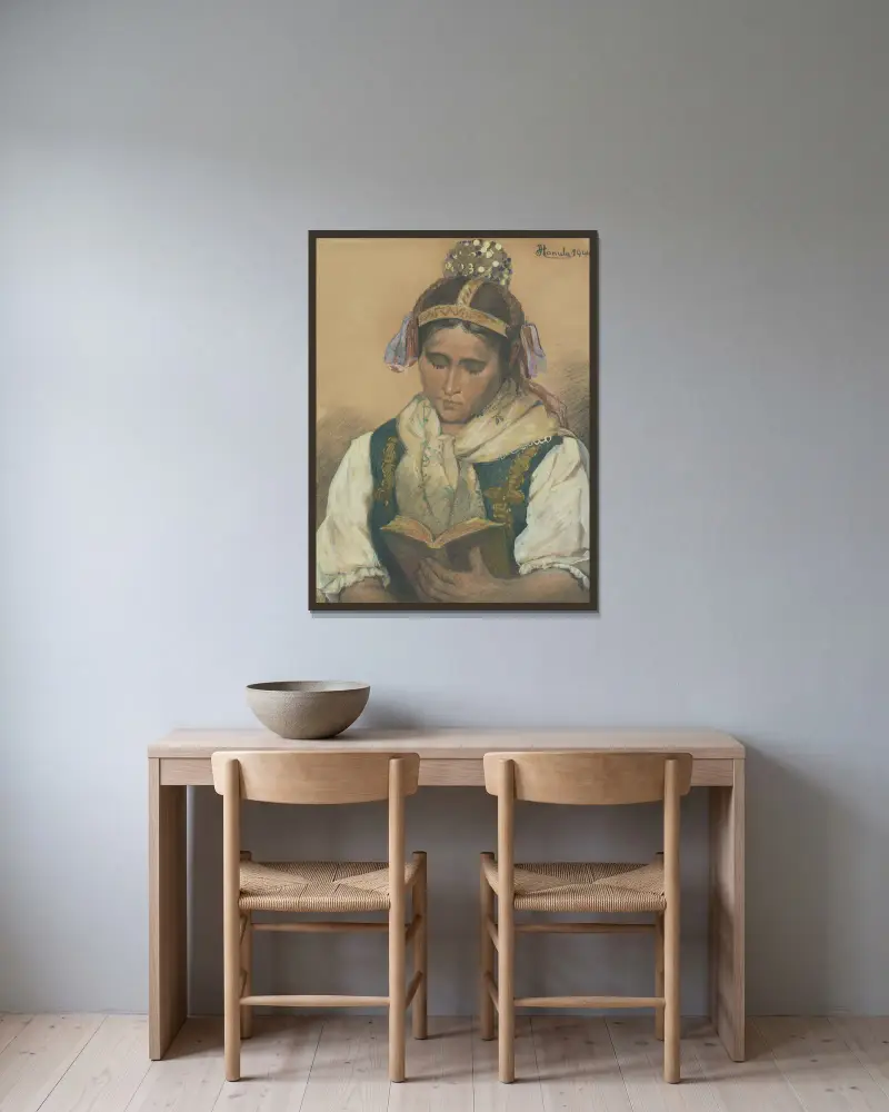 Lesen in traditioneller Tracht von Jozef Hanula gerahmt an einer Wand