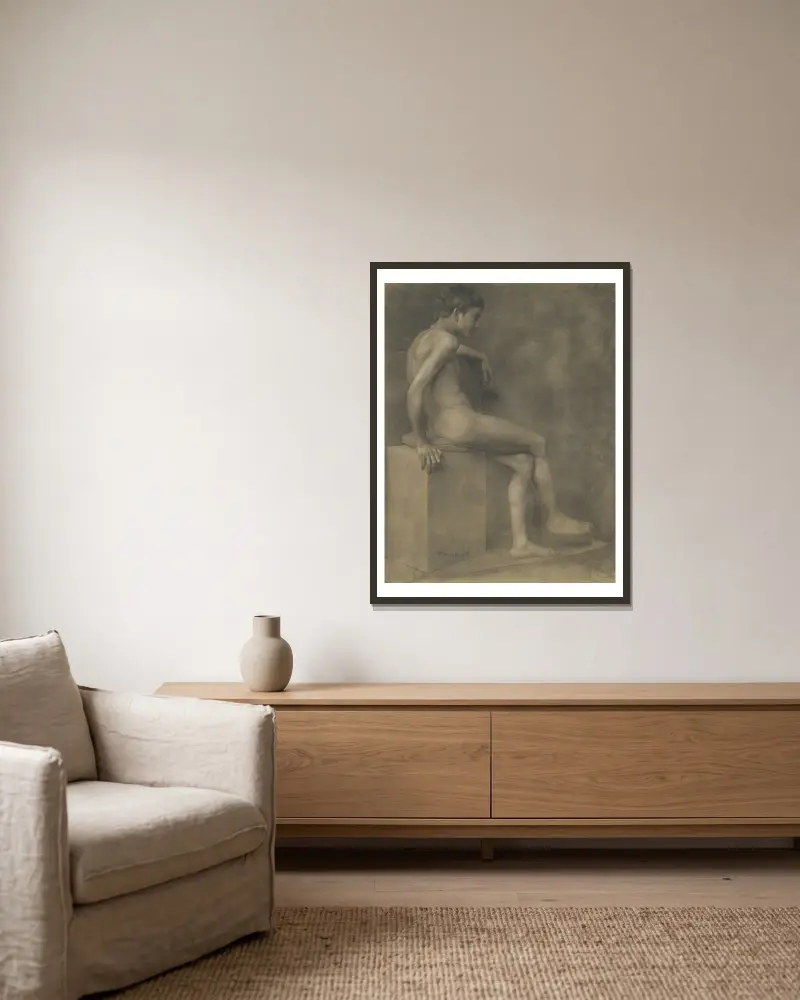 Sitzender Junge von Jozef Hanula gerahmt an einer Wand