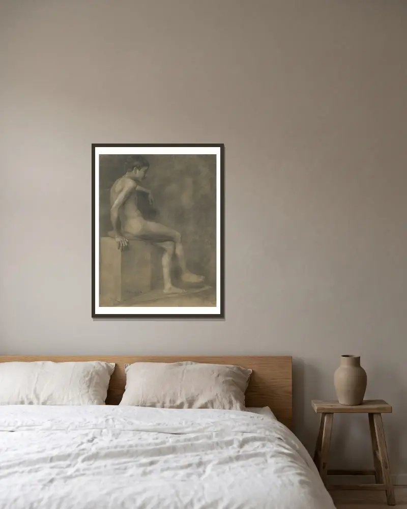 Sitzender Junge von Jozef Hanula gerahmt an einer Wand