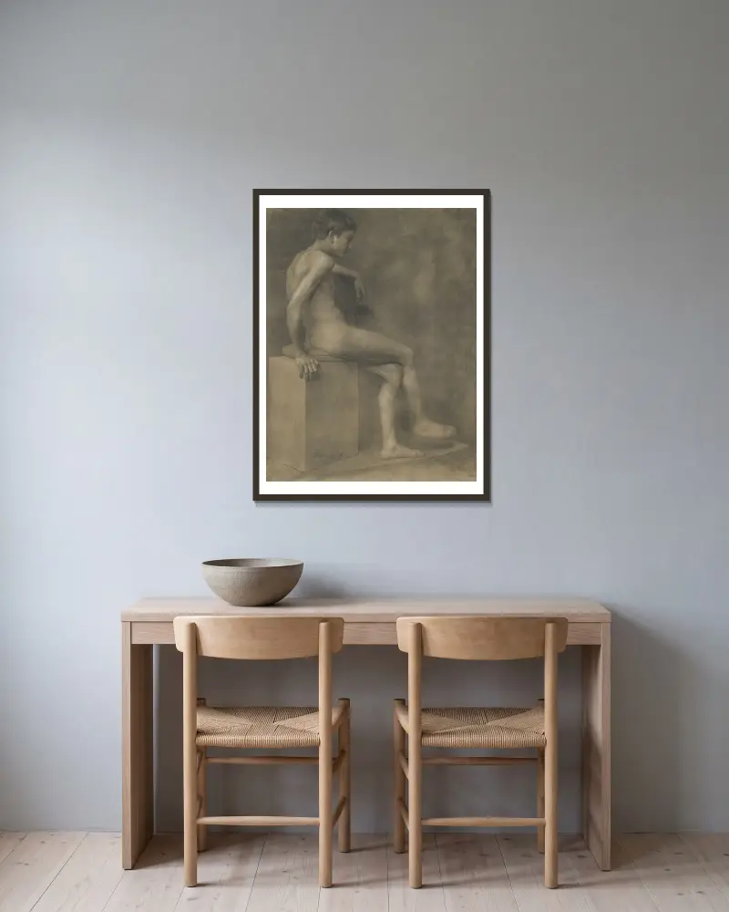 Sitzender Junge von Jozef Hanula gerahmt an einer Wand
