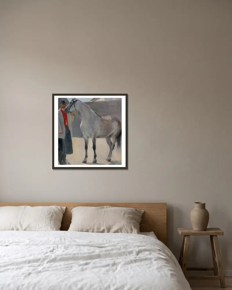 Studie eines grauen Pferdes mit Kutscher von Jozef Hanula gerahmt an einer Wand