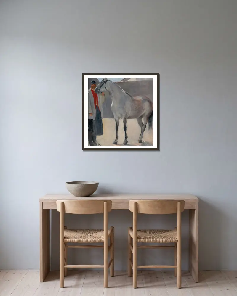 Studie eines grauen Pferdes mit Kutscher von Jozef Hanula gerahmt an einer Wand