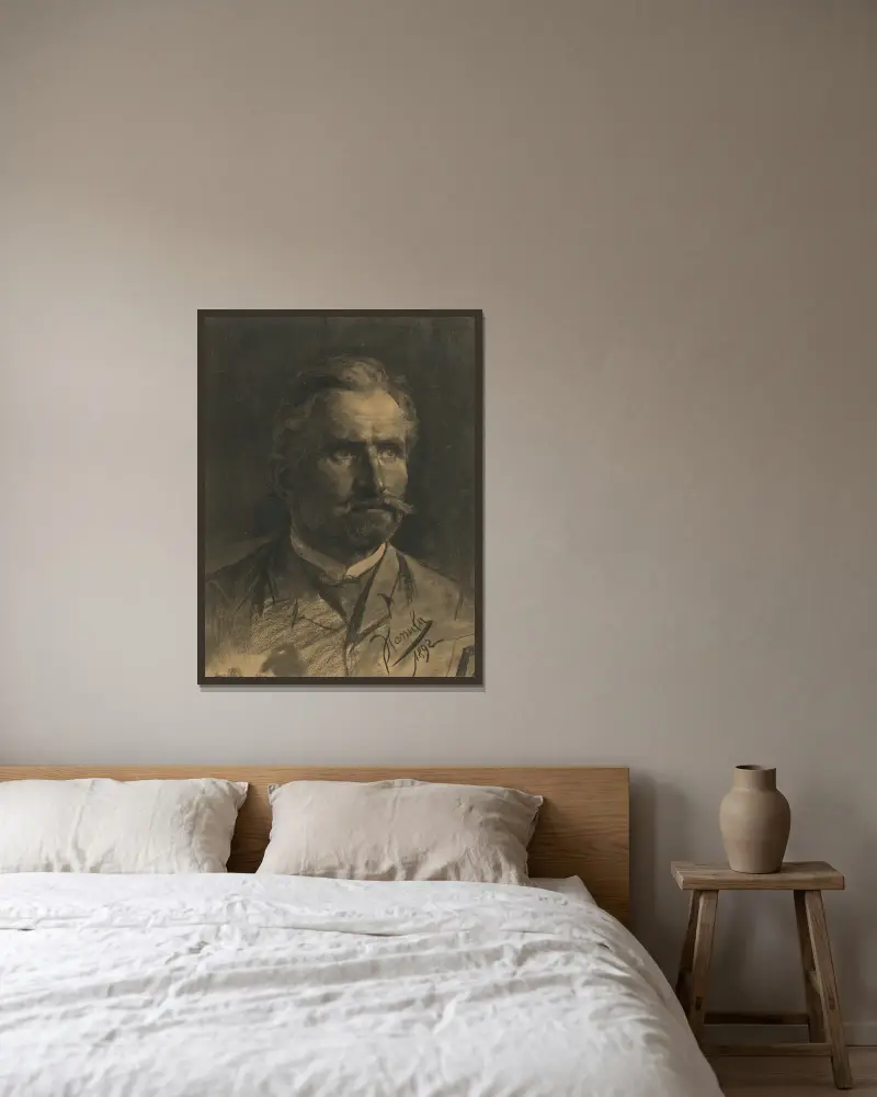 Studie av ett manshuvud med skägg och mustasch av Jozef Hanula inramad på en vägg