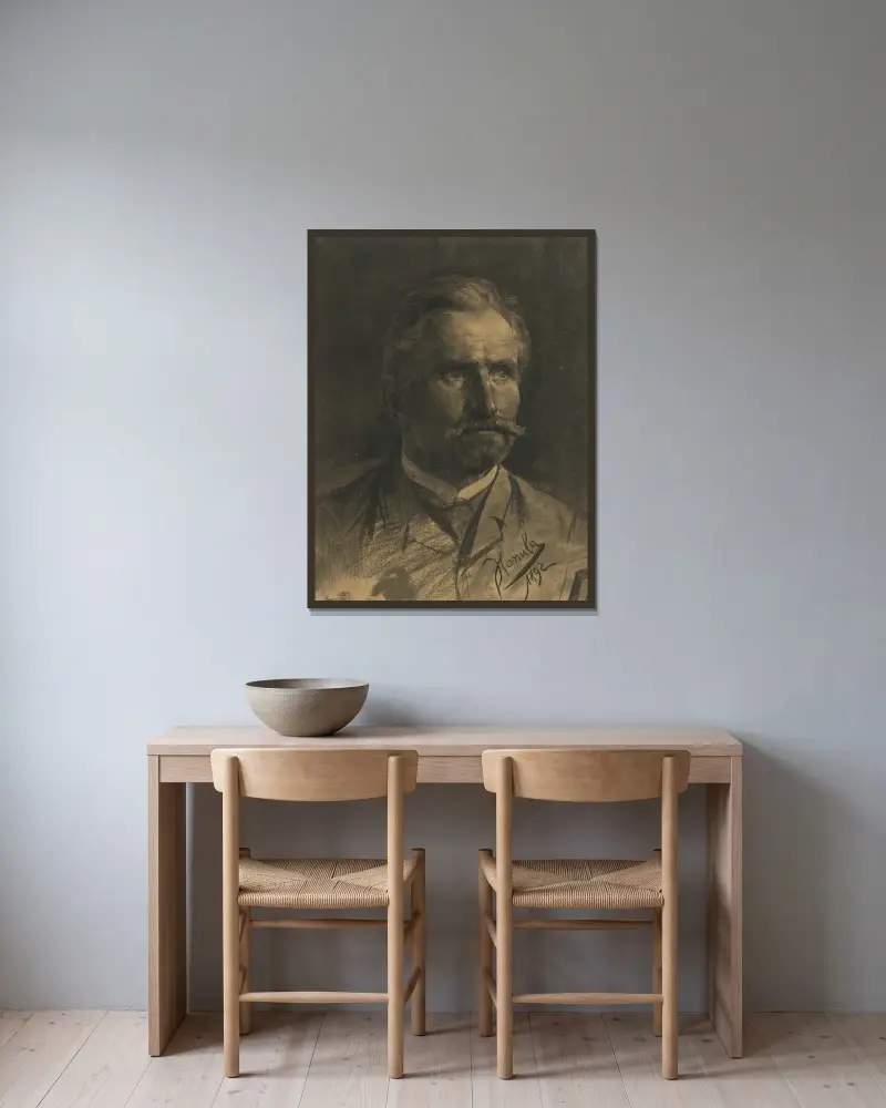 Studie av ett manshuvud med skägg och mustasch av Jozef Hanula inramad på en vägg