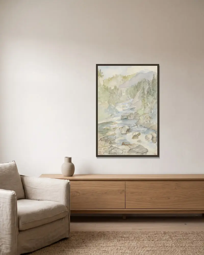 Berglandschaft mit Bach von Jozef Israëls gerahmt an einer Wand