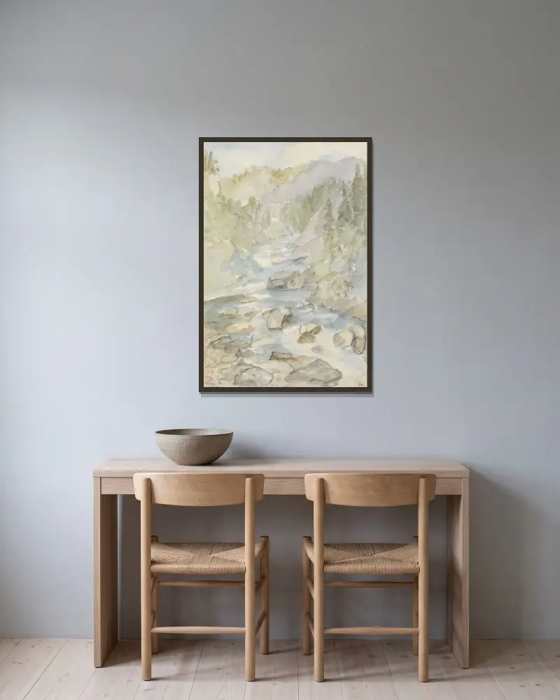 Berglandschaft mit Bach von Jozef Israëls gerahmt an einer Wand