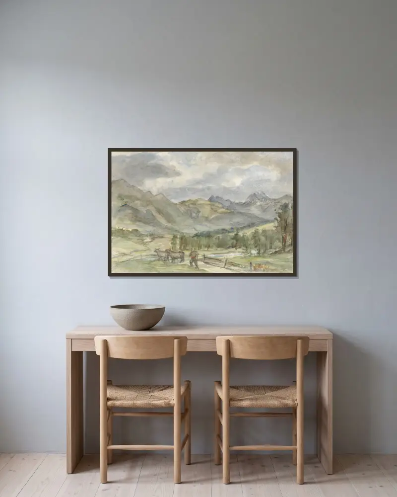 Berglandschap met veehoeder en twee koeien av Jozef Israëls inramad på en vägg
