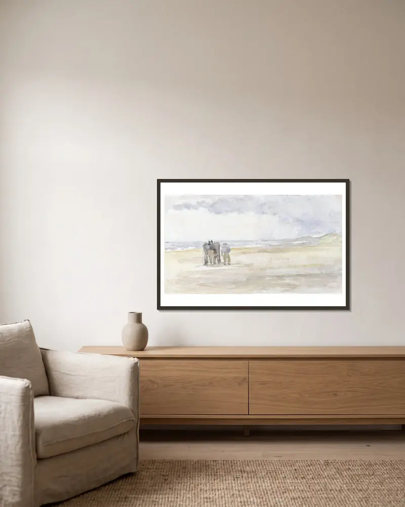 Mann mit Pferd und Wagen am Strand von Jozef Israëls gerahmt an einer Wand