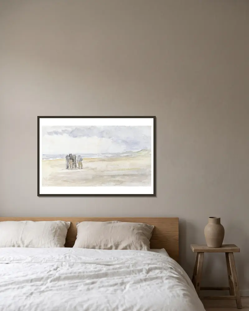 Mann mit Pferd und Wagen am Strand von Jozef Israëls gerahmt an einer Wand