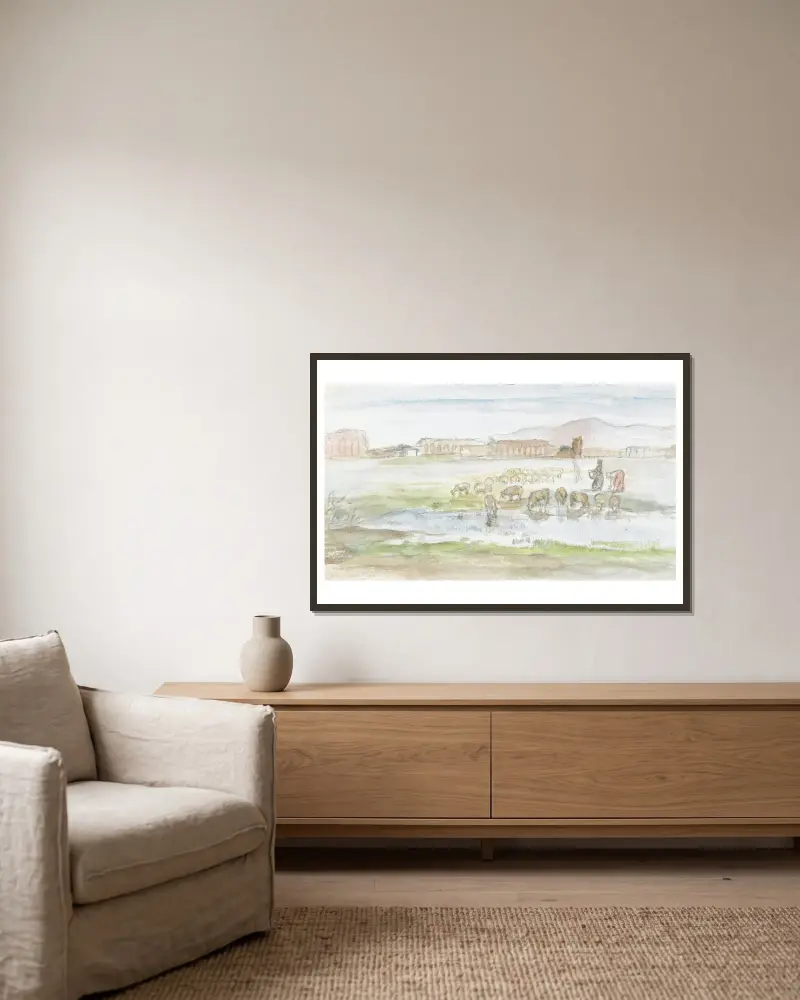 Ebene mit Schafen, im Hintergrund Ruinen eines Aquädukts von Jozef Israëls gerahmt an einer Wand