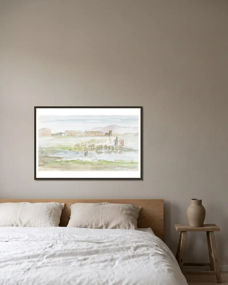 Ebene mit Schafen, im Hintergrund Ruinen eines Aquädukts von Jozef Israëls gerahmt an einer Wand