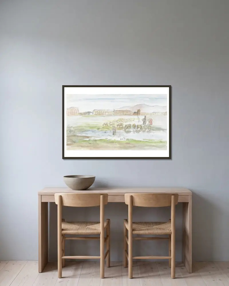 Ebene mit Schafen, im Hintergrund Ruinen eines Aquädukts von Jozef Israëls gerahmt an einer Wand