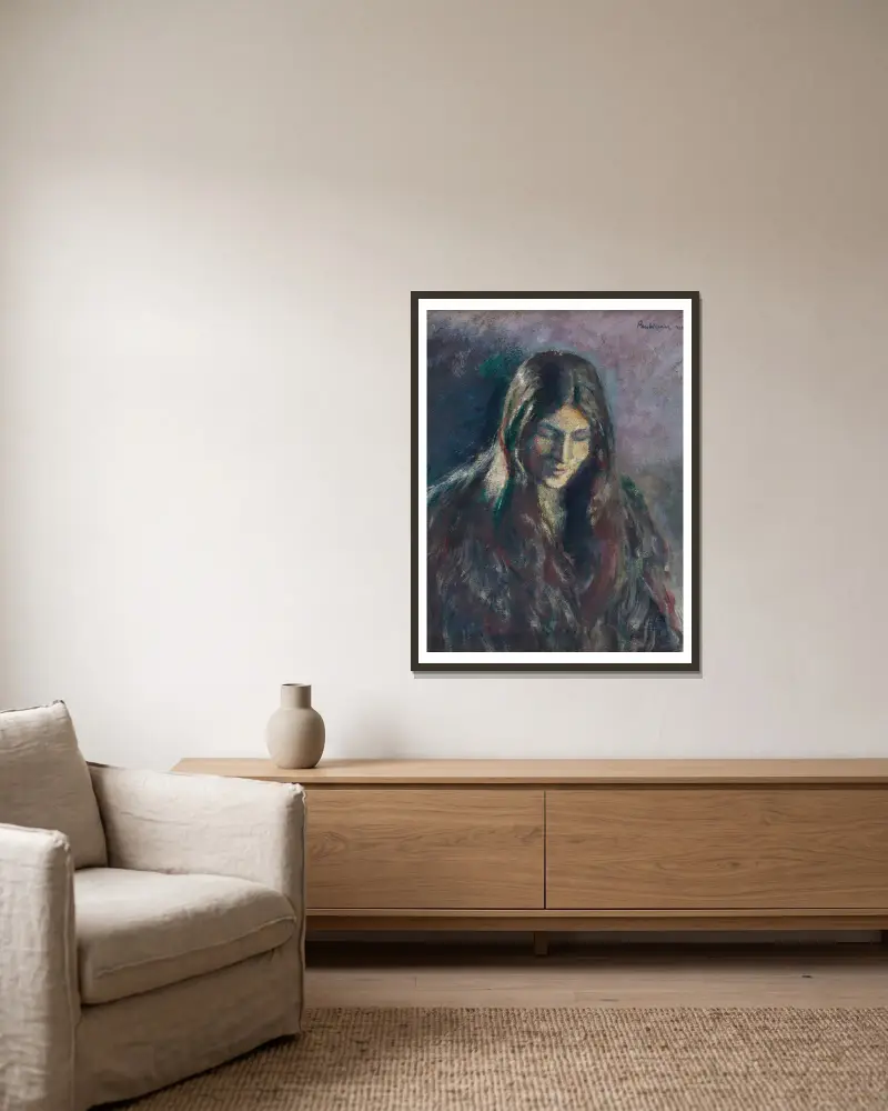 Bildnis einer Frau (junge Frau) von Józef Pankiewicz gerahmt an einer Wand
