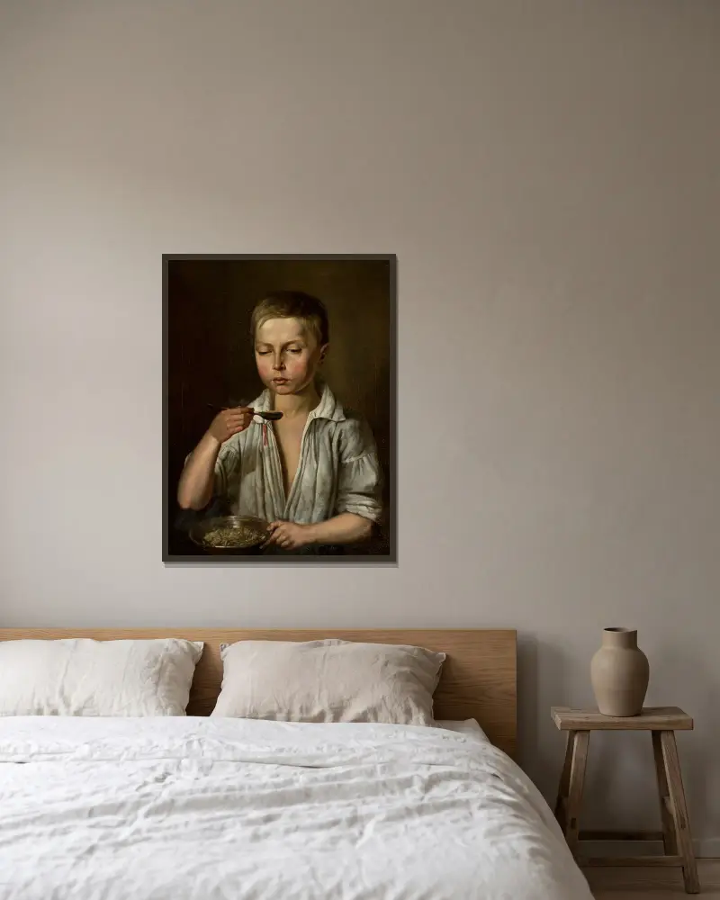 Junge beim Frühstück von Józef Simmler gerahmt an einer Wand
