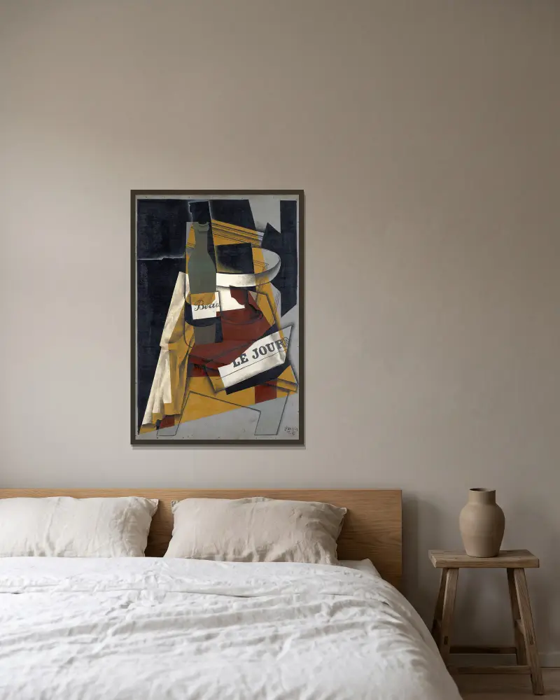 Butelka i miska z owocami (butelka, gazeta i miska z owocami), Juan Gris w ramie na ścianie