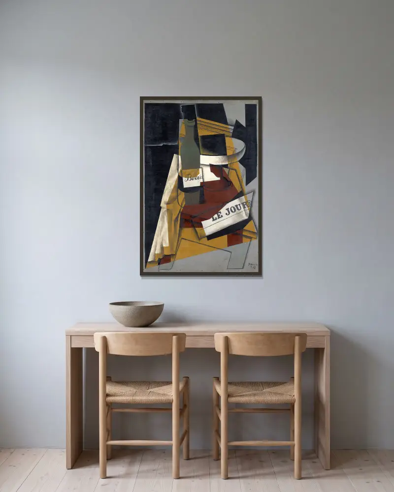 Butelka i miska z owocami (butelka, gazeta i miska z owocami), Juan Gris w ramie na ścianie