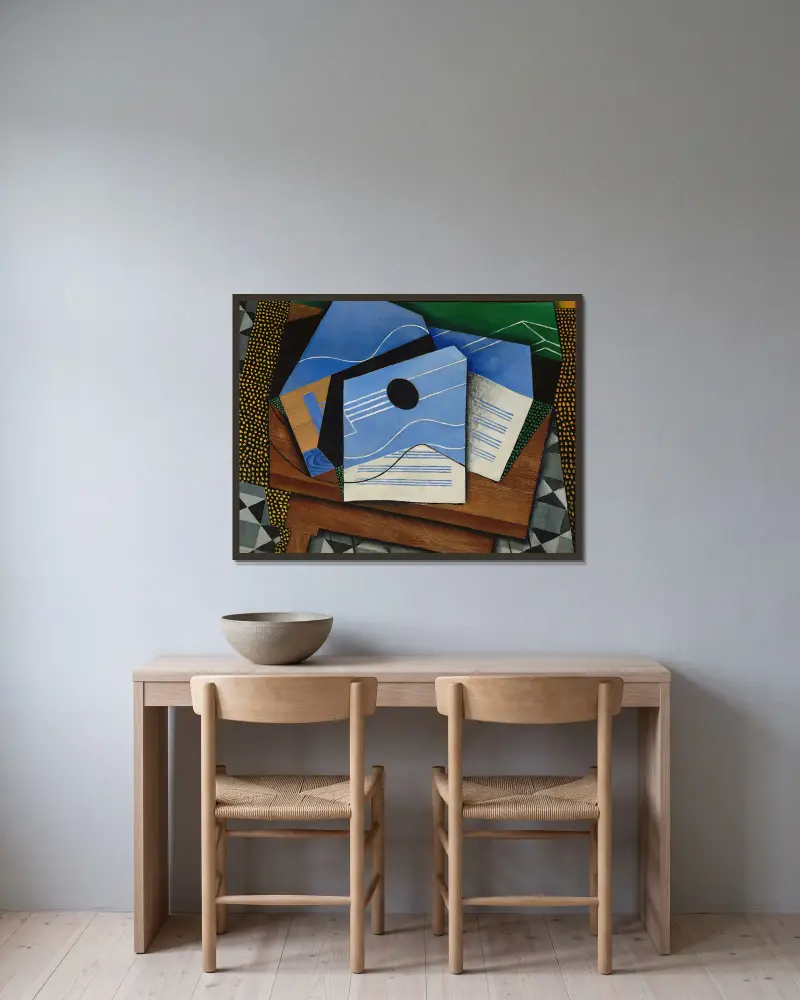 Guitar on a table av Juan Gris inramad på en vägg