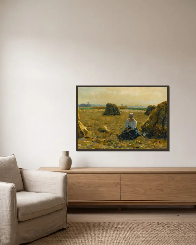 Junge Frau auf den Feldern von Jules Breton gerahmt an einer Wand