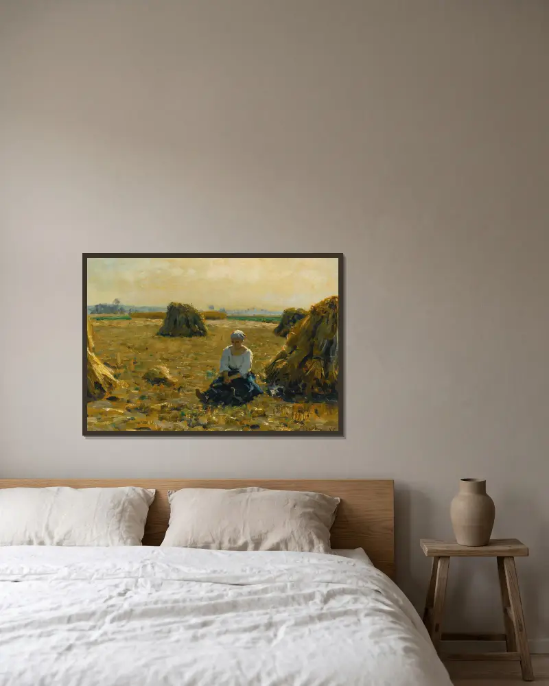 Junge Frau auf den Feldern von Jules Breton gerahmt an einer Wand