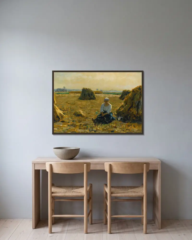 Junge Frau auf den Feldern von Jules Breton gerahmt an einer Wand