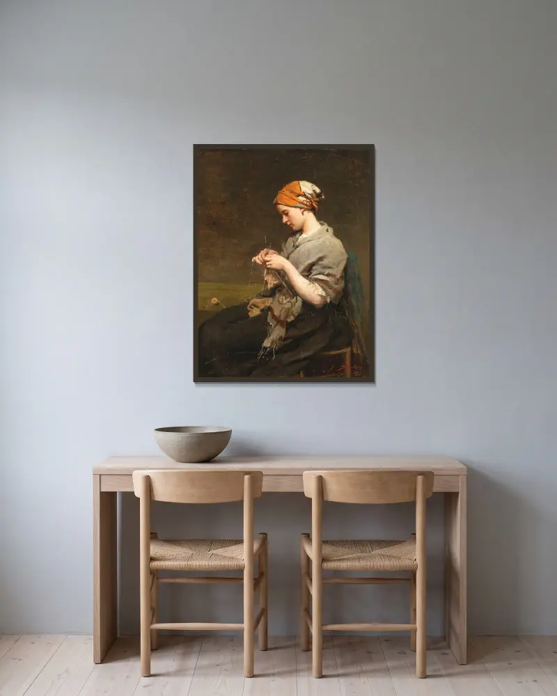 Ung flicka som stickar av Jules Breton inramad på en vägg